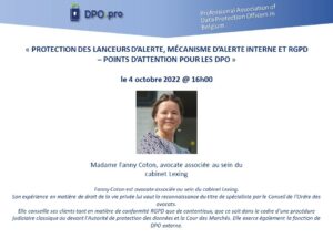 Présentation et enregistrement « PROTECTION DES LANCEURS D’ALERTE, MÉCANISME D’ALERTE INTERNE ET RGPD – POINTS D’ATTENTION POUR LES DPO »